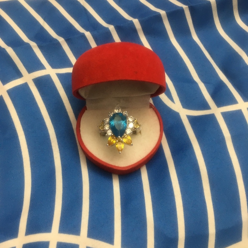 Brass Rhodium Pear Shape BlueTopaz Citrine CZ Ring